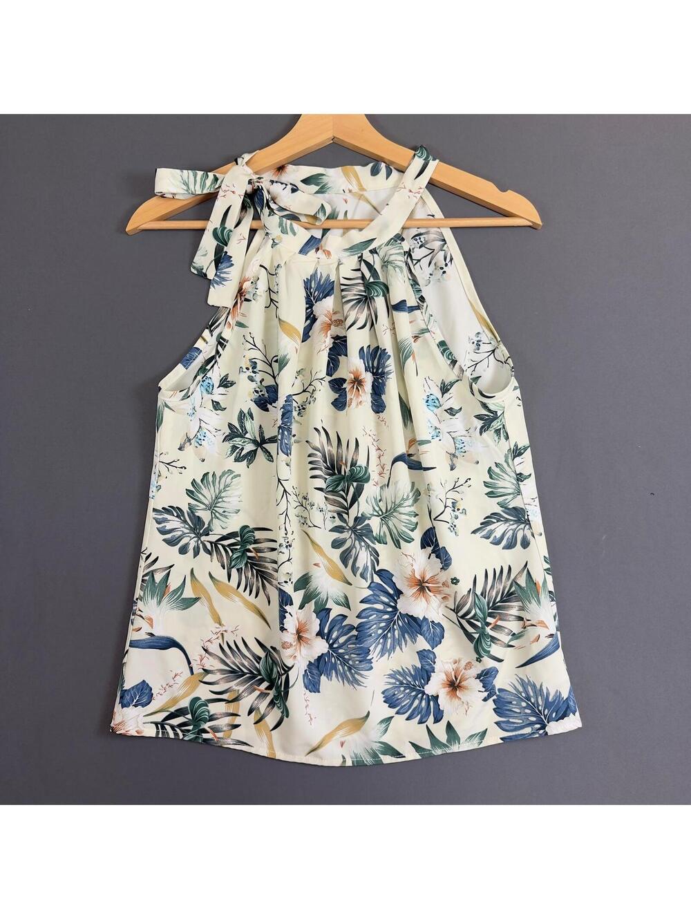 SHEIN Floral Halter Neck Sleeveless Dress Ivory Blue Size Medium
